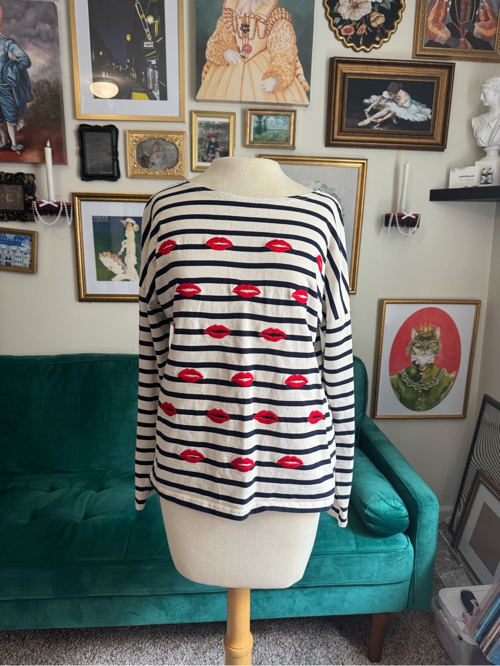 J. Crew Cream and Black Striped Long Sleeve Tee with Red Lip Motif